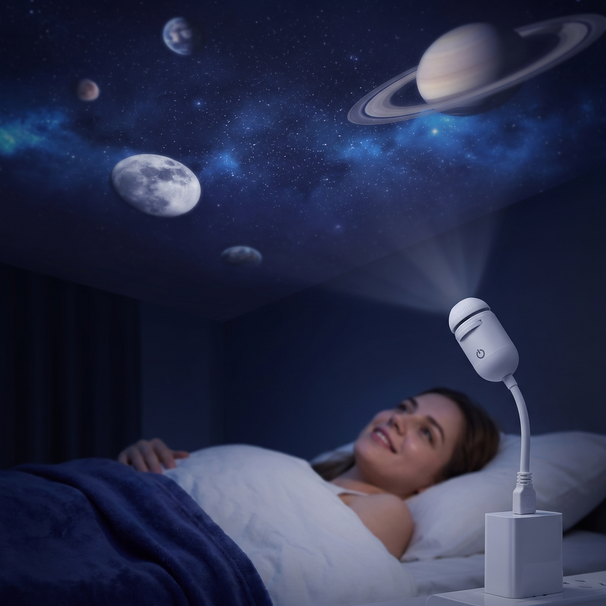 Galaxy projection on a bedroom ceiling at night