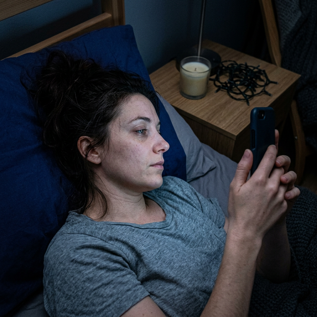 Woman awake in the dark lit only by her phone