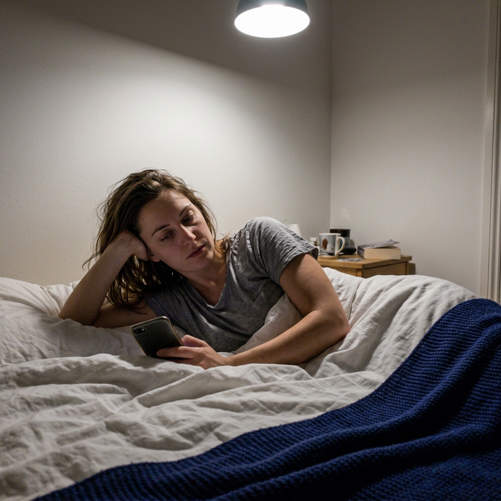 Tired woman scrolling her phone in bed under a harsh ceiling light