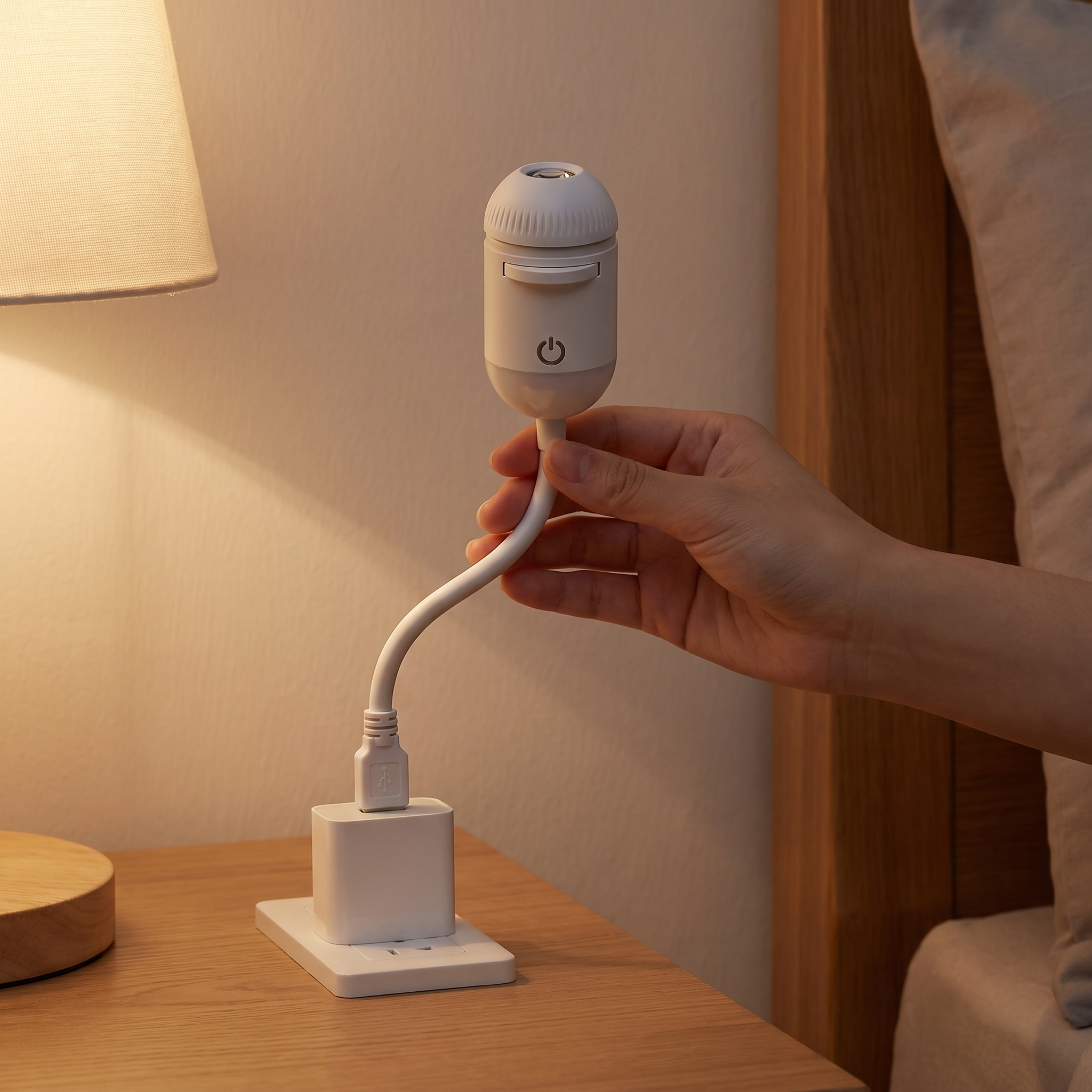 Lunara projector plugged into a USB wall charger