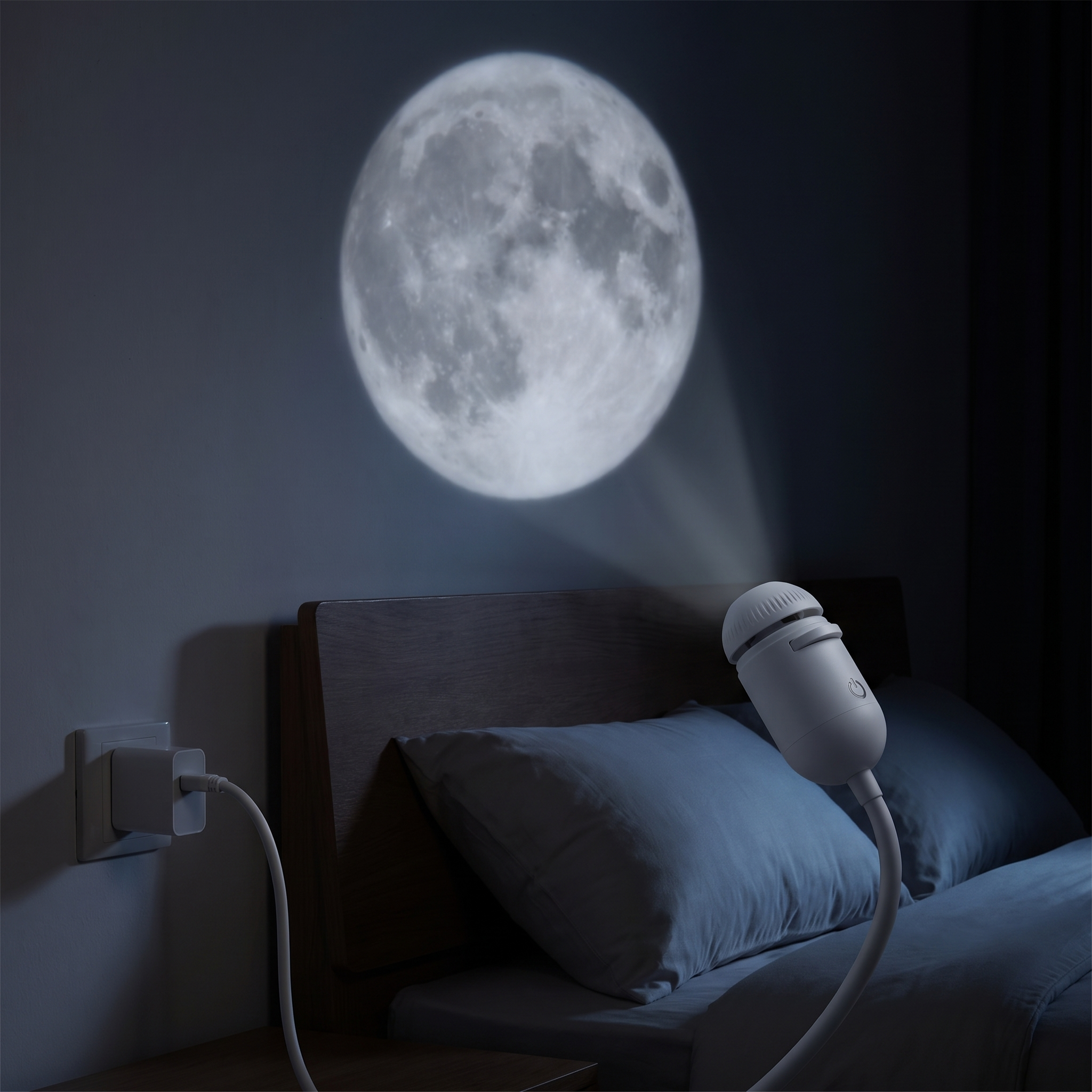 Moon projected on a bedroom wall
